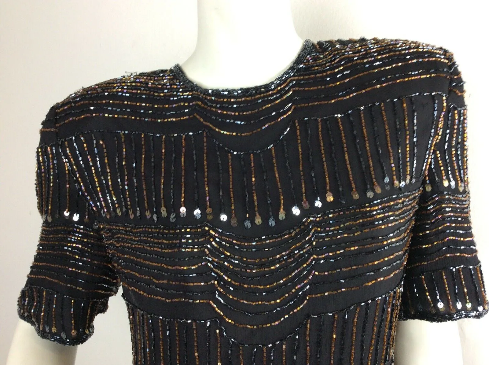 VINTAGE 1970’S BLACK TOP, BRONZE, BLACK, BEADS, SEQUINS, DISCO / EVENIN, 12 14