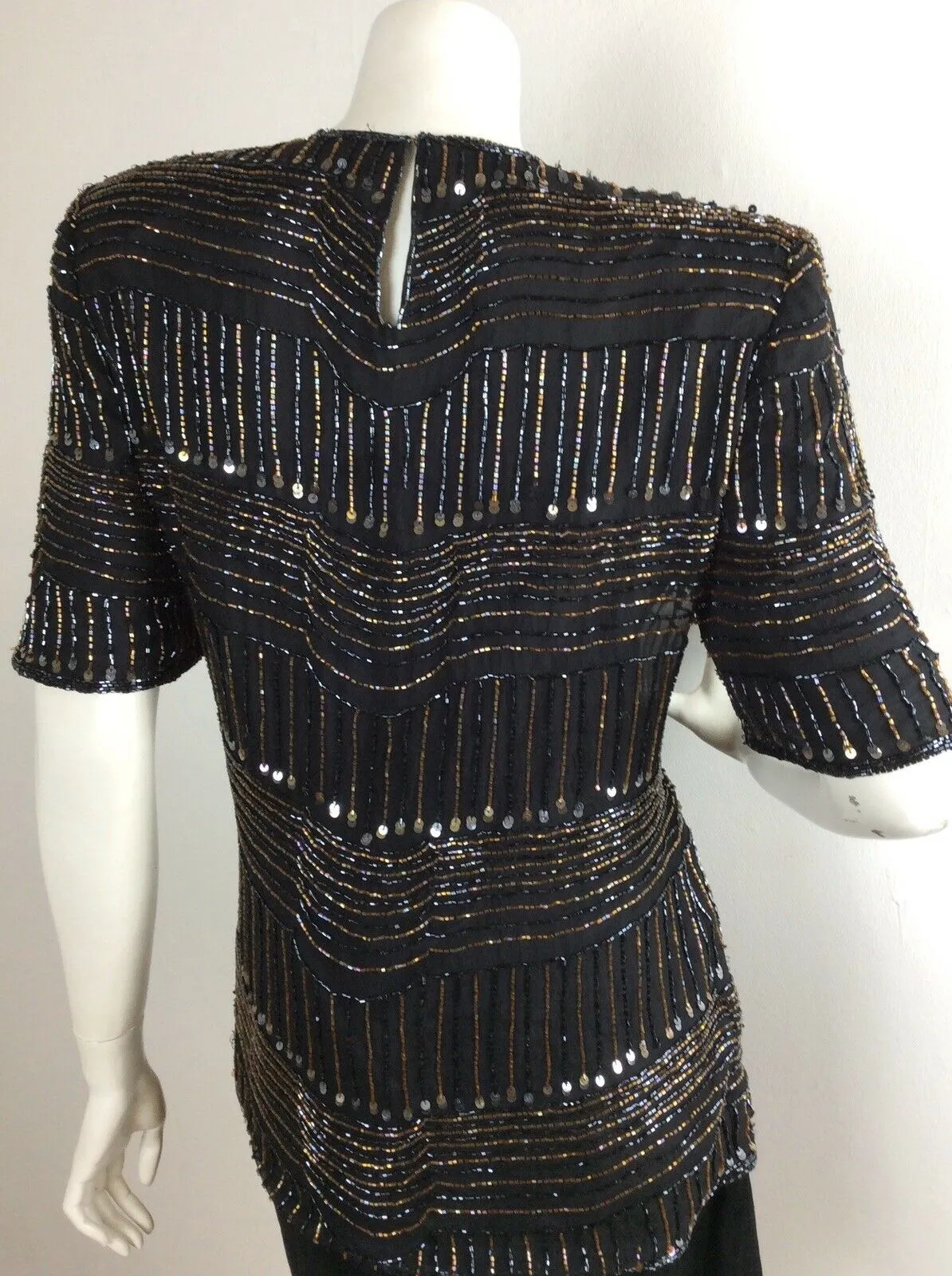 VINTAGE 1970’S BLACK TOP, BRONZE, BLACK, BEADS, SEQUINS, DISCO / EVENIN, 12 14