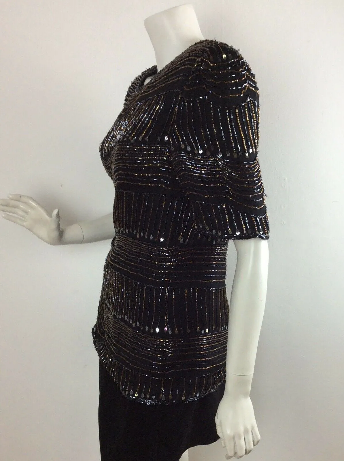 VINTAGE 1970’S BLACK TOP, BRONZE, BLACK, BEADS, SEQUINS, DISCO / EVENIN, 12 14