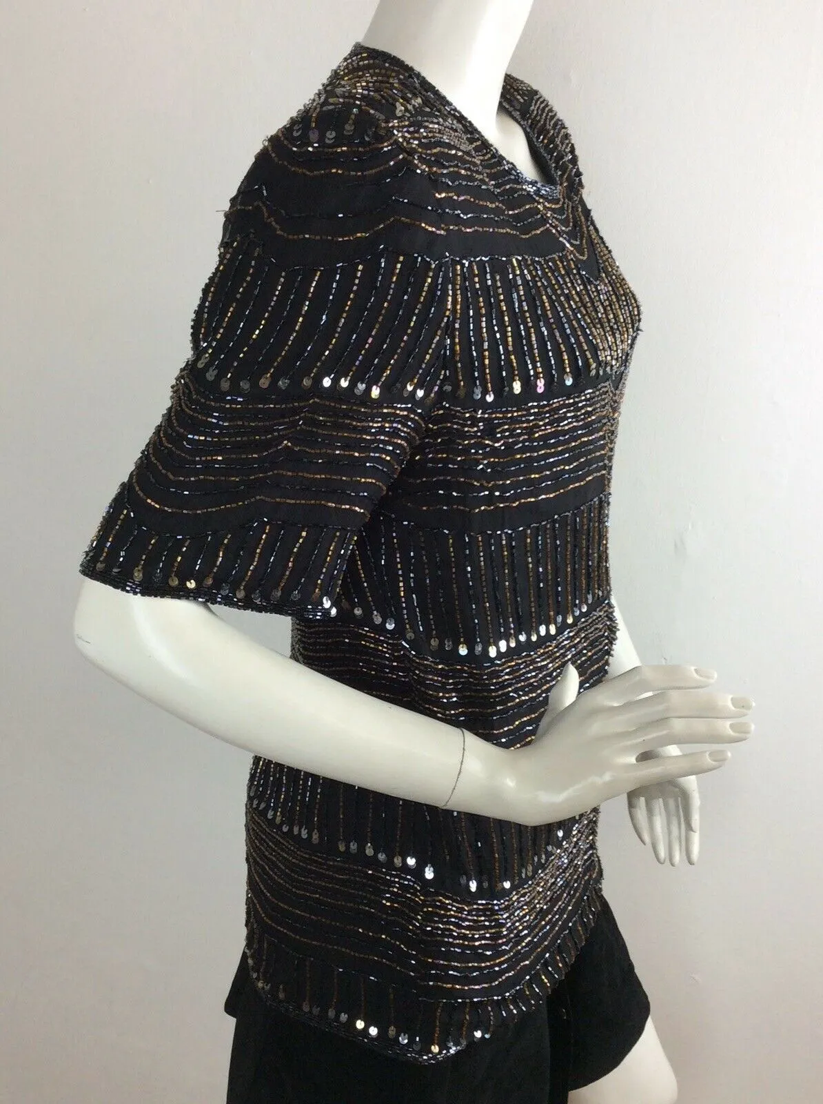 VINTAGE 1970’S BLACK TOP, BRONZE, BLACK, BEADS, SEQUINS, DISCO / EVENIN, 12 14