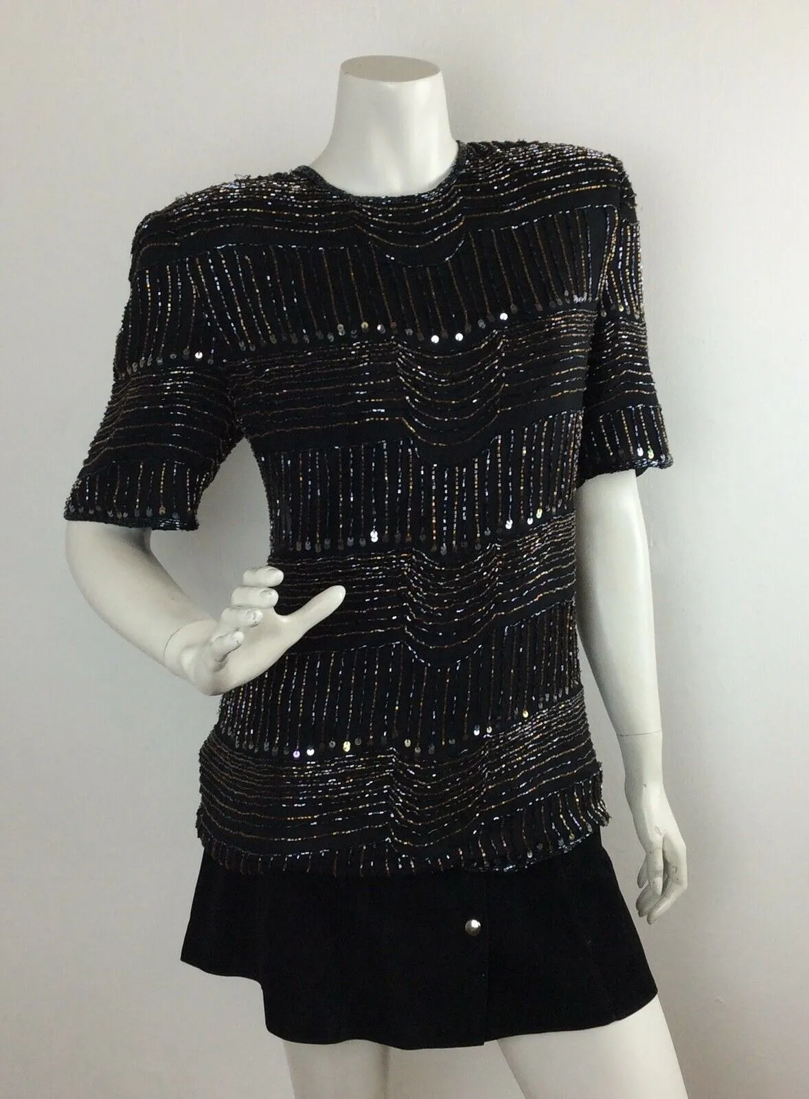 VINTAGE 1970’S BLACK TOP, BRONZE, BLACK, BEADS, SEQUINS, DISCO / EVENIN, 12 14