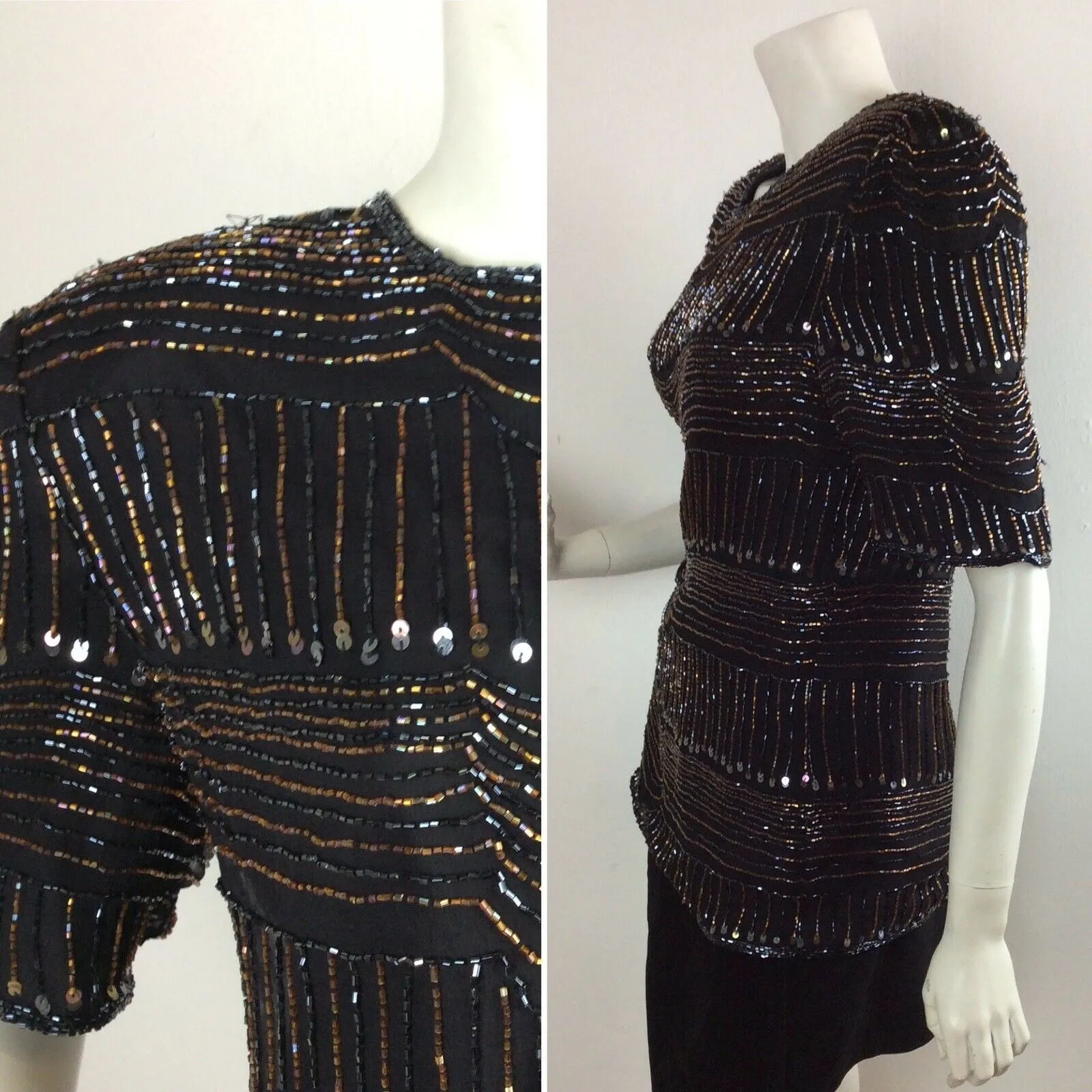 VINTAGE 1970’S BLACK TOP, BRONZE, BLACK, BEADS, SEQUINS, DISCO / EVENIN, 12 14